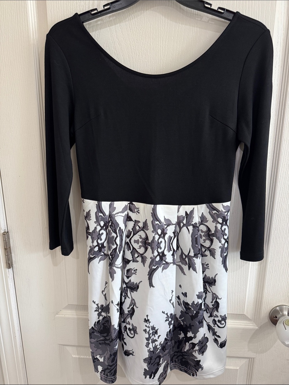 Black & White Floral Fit-and-Flare Long Sleeve Dress